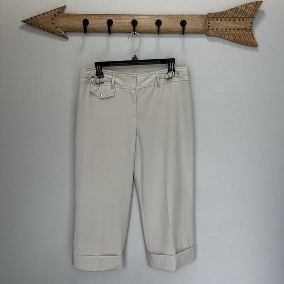 Larry Levine | Stretch Khaki Capri Pants Womens Size 10 Mid Rise Cuffed Beige - Picture 1 of 6